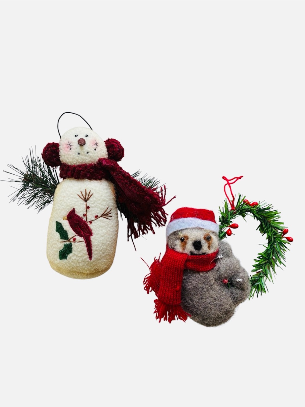 Vintage Handmade Holiday Felt Snowman and Wool Bear Ornaments Set of 2